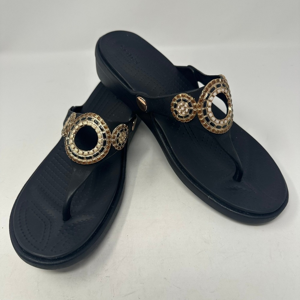 Crocs Sandals Women 10 Black Sanrah Embellished Wedge Thong Flip Flop 205048